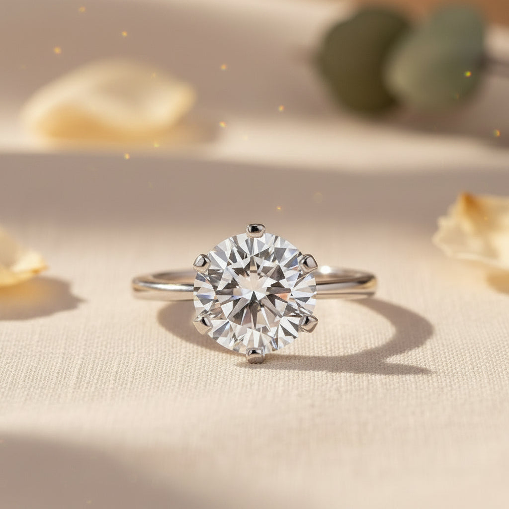 Aurevyn Moissanite 3.0Ct Round Cut Comfort Fit Six Prong Solitaire Engagement Ring