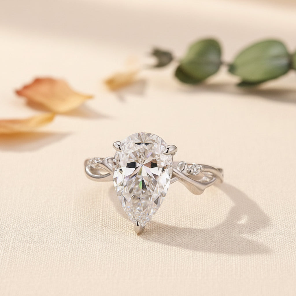 Aurevyn 4.0Ct Pear Cut Twisted Willow Ring White Gold Moissanite Diamond Ring