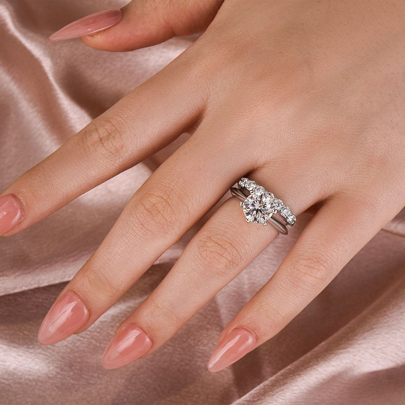 Aurevyn Moissanite 2.0 Ct ~3.0 Ct Round Cut 6 Prong White Gold Engagement Ring with Round Cut White Gold Women's Wedding Band