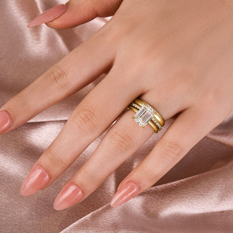 Aurevyn Moissanite 3.5 Ct Emerald Cut Yellow Gold Wedding Ring Set with Wide Band