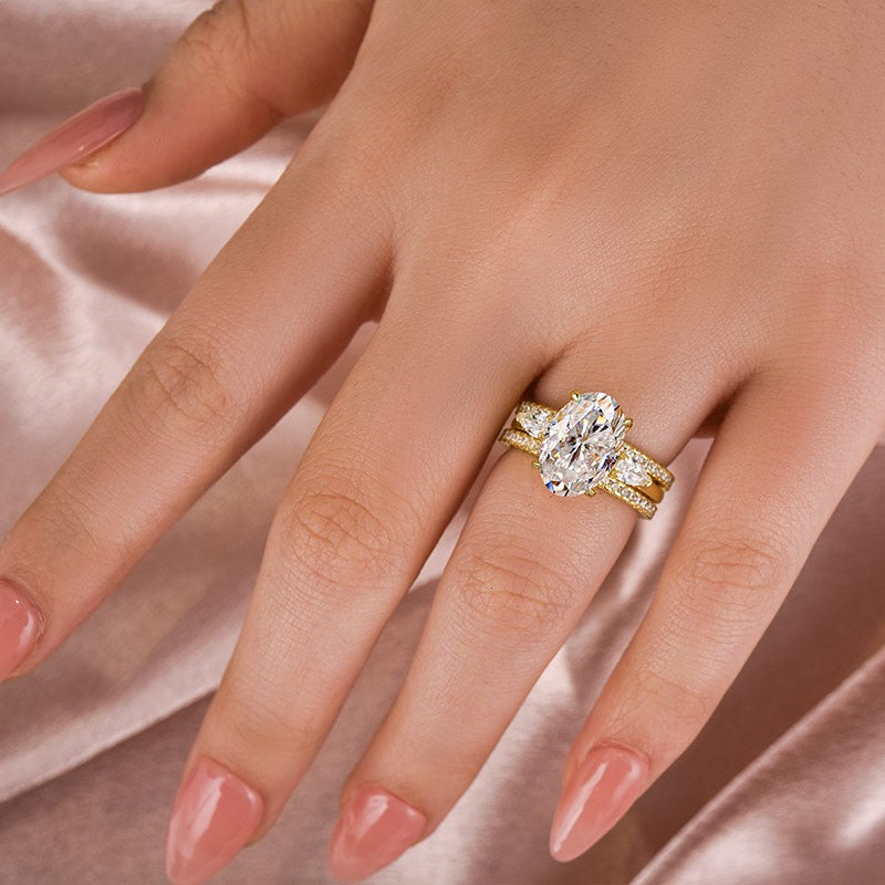 Aurevyn Moissanite 4.0Ct Oval Cut Side Stone Yellow Gold With Pavé Wedding Ring