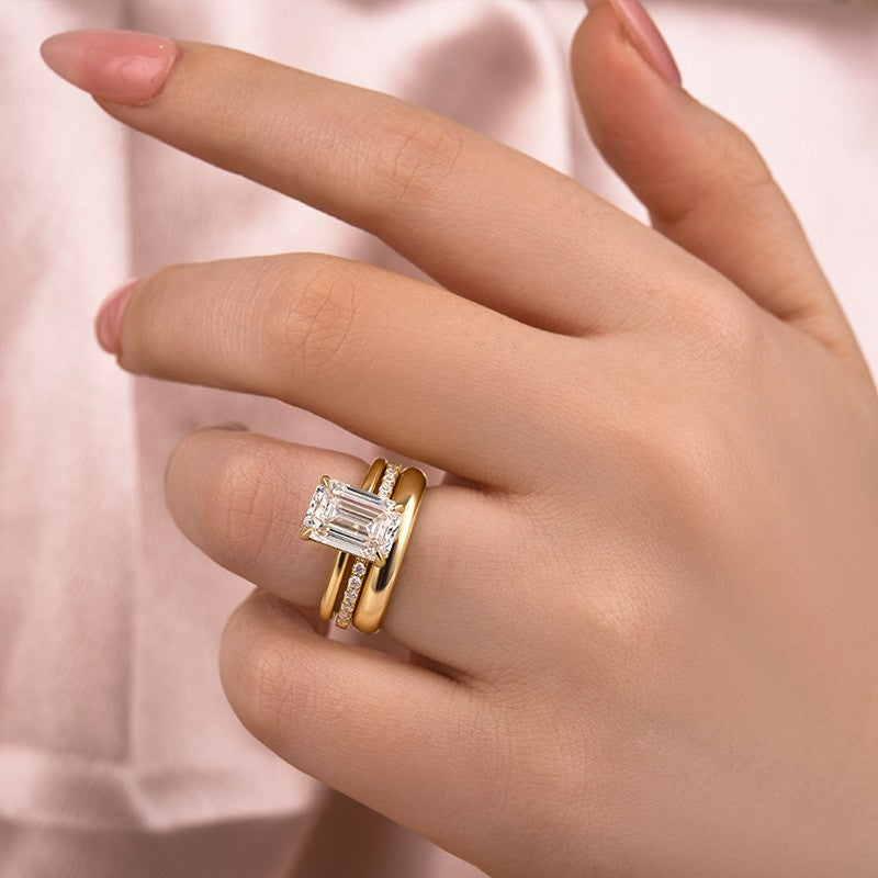 Aurevyn Moissanite 3.5 Ct Emerald Cut Yellow Gold Wedding Ring Set with Wide Band