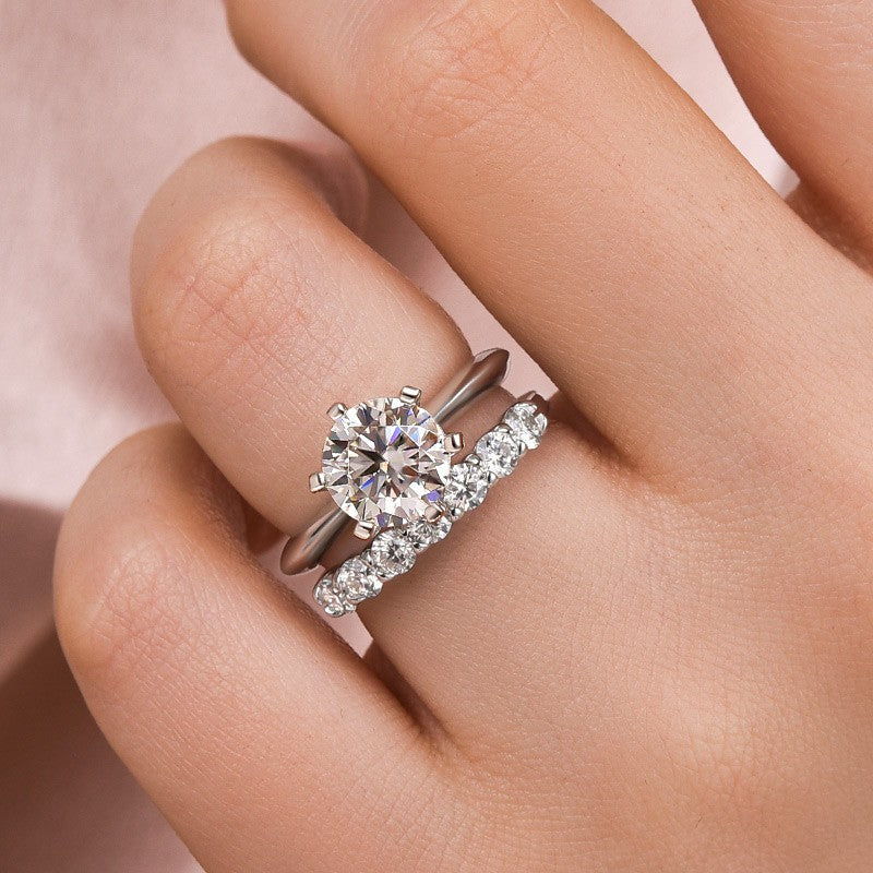 Aurevyn Moissanite 2.0 Ct ~3.0 Ct Round Cut 6 Prong White Gold Engagement Ring with Round Cut White Gold Women's Wedding Band