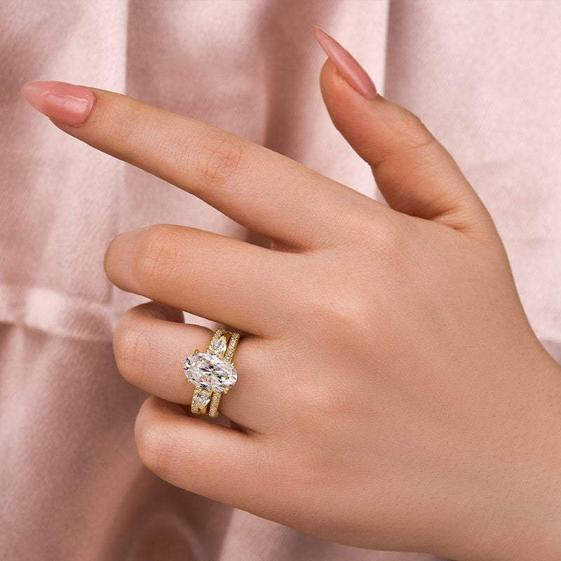 Aurevyn Moissanite 4.0Ct Oval Cut Side Stone Yellow Gold With Pavé Wedding Ring