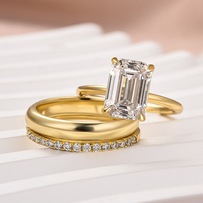 Aurevyn Moissanite 3.5 Ct Emerald Cut Yellow Gold Wedding Ring Set with Wide Band