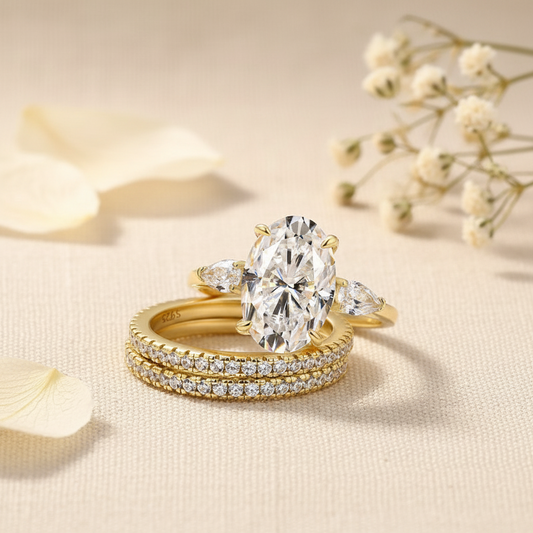 Aurevyn Moissanite 4.0Ct Oval Cut Side Stone Yellow Gold With Pavé Wedding Ring