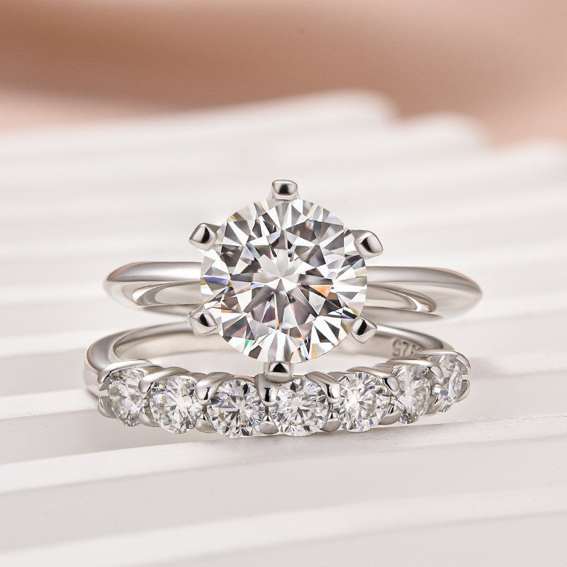 Aurevyn Moissanite 2.0 Ct ~3.0 Ct Round Cut 6 Prong White Gold Engagement Ring with Round Cut White Gold Women's Wedding Band