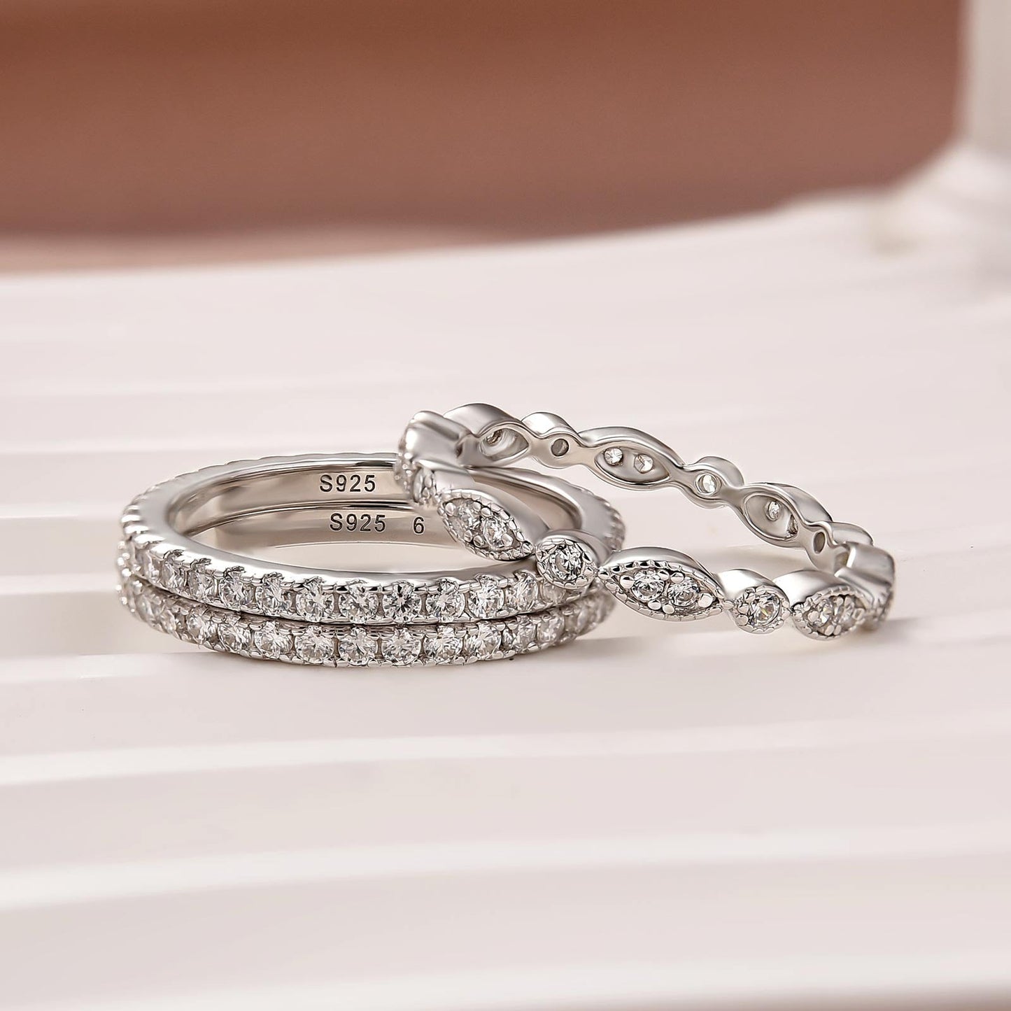 Aurevyn Eternity 3PCS Stacking Moissanite Wedding Band Set In White Gold Plated