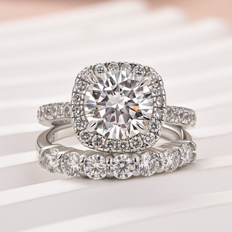 Aurevyn Moissanite 2.0Ct Halo Round Cut White Gold Promise Ring With Seven Stone Round Cut Anniversary Ring