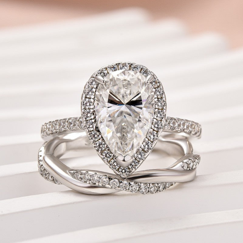 Aurevyn Moissanite 2.5Ct Halo Pear Cut White Gold Engagement Ring With Twist Wedding Ring