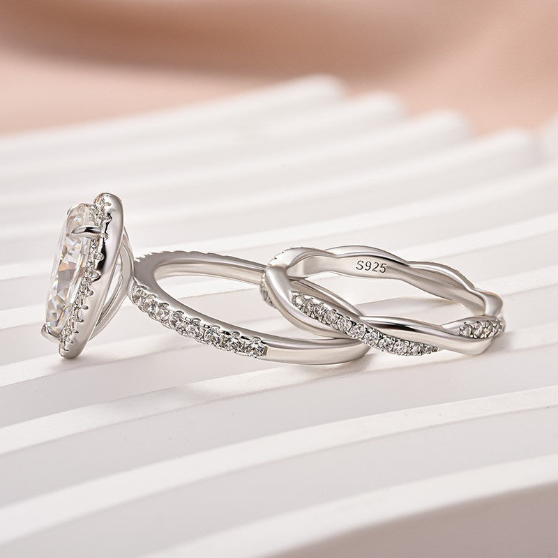 Aurevyn Moissanite 2.5Ct Halo Pear Cut White Gold Engagement Ring With Twist Wedding Ring