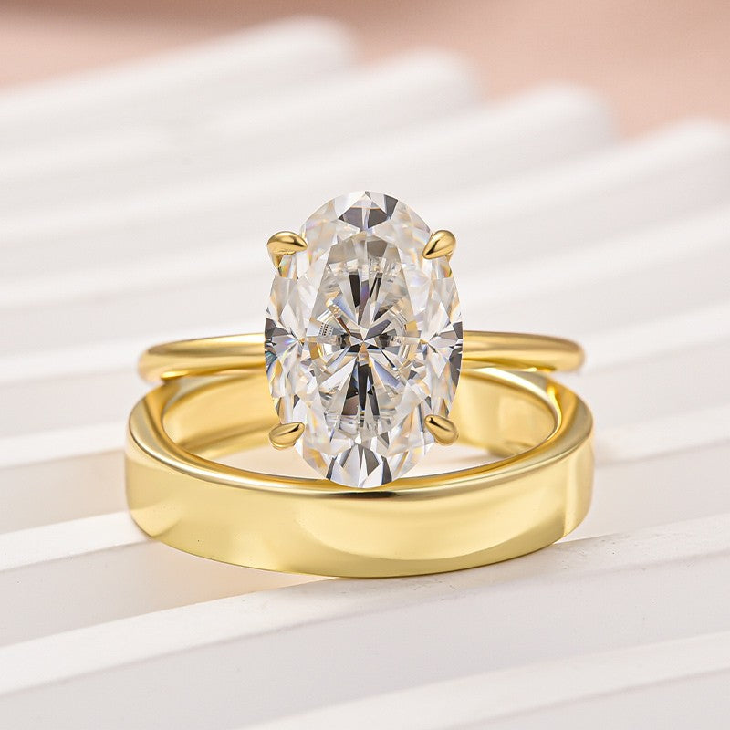 Aurevyn Moissanite 4.0 Ct Solitaire Oval Cut Yellow Gold Wedding Ring Set with Wide Band