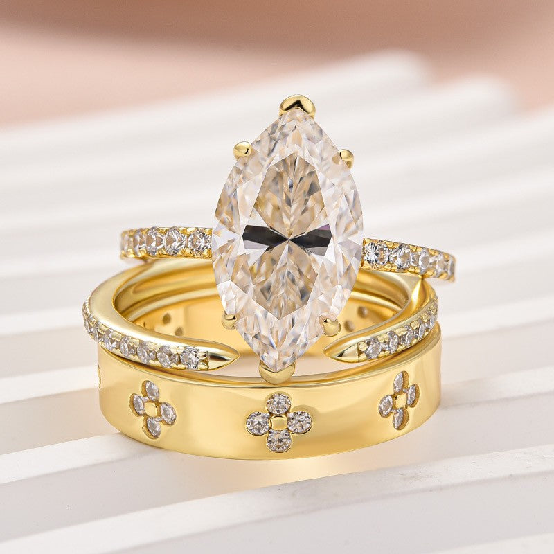 Aurevyn Moissanite 4.0Ct Marquise Cut Yellow Gold Open Clover Wide Wedding Ring