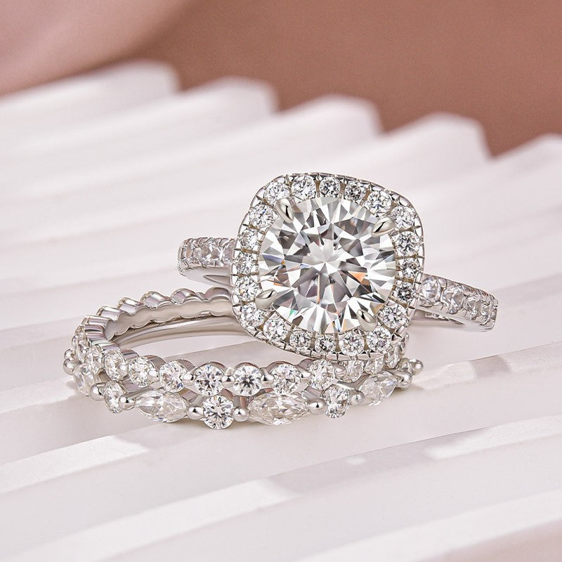 Aurevyn Moissanite 2.0Ct Halo Round Cut White Gold Promise Ring With Round Cut & Marquise Cut Anniversary Ring