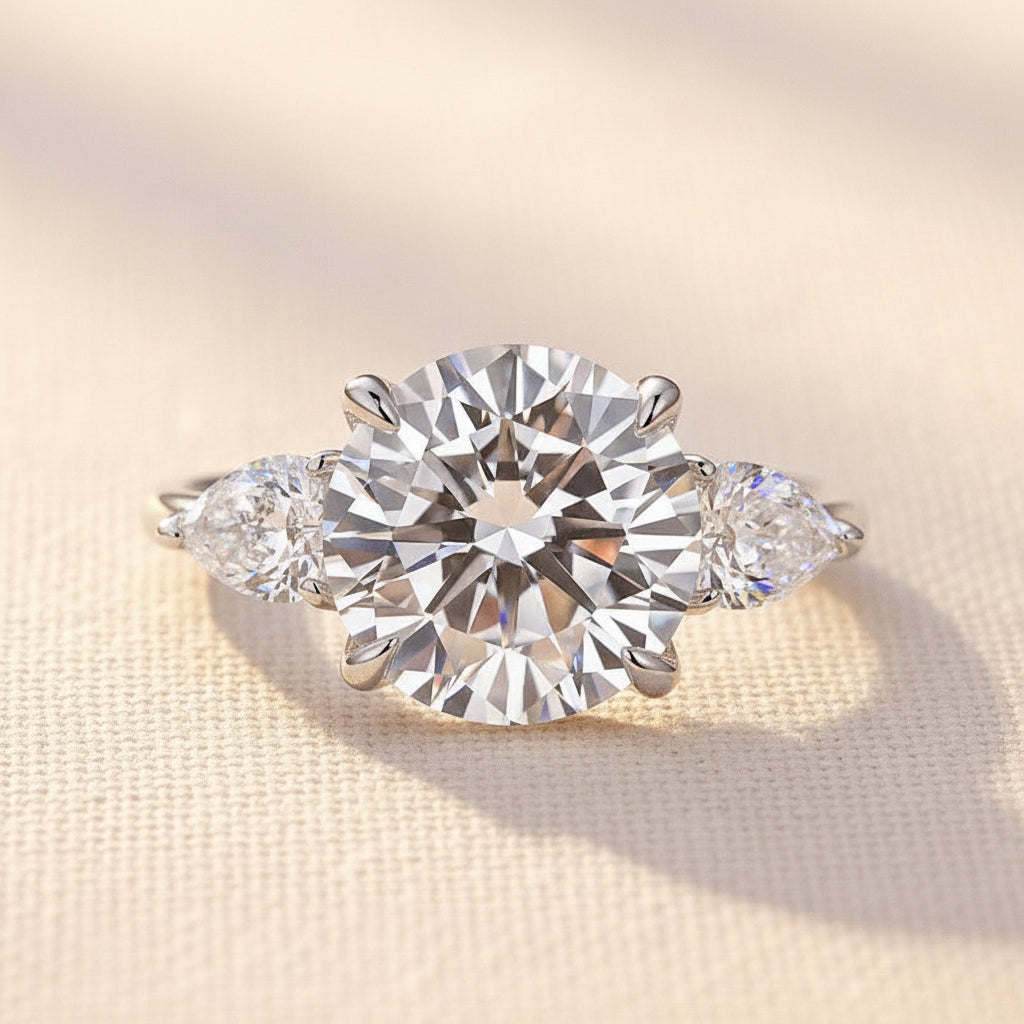 Aurevyn Moissanite 4.0 Ct Round Cut White Gold Engagement Ring with Pear Cut Side Stone
