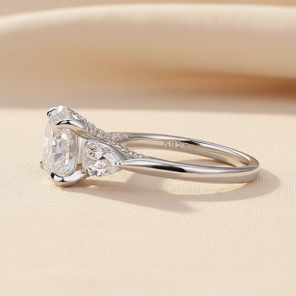 Aurevyn Moissanite 4.0 Ct Round Cut White Gold Engagement Ring with Pear Cut Side Stone