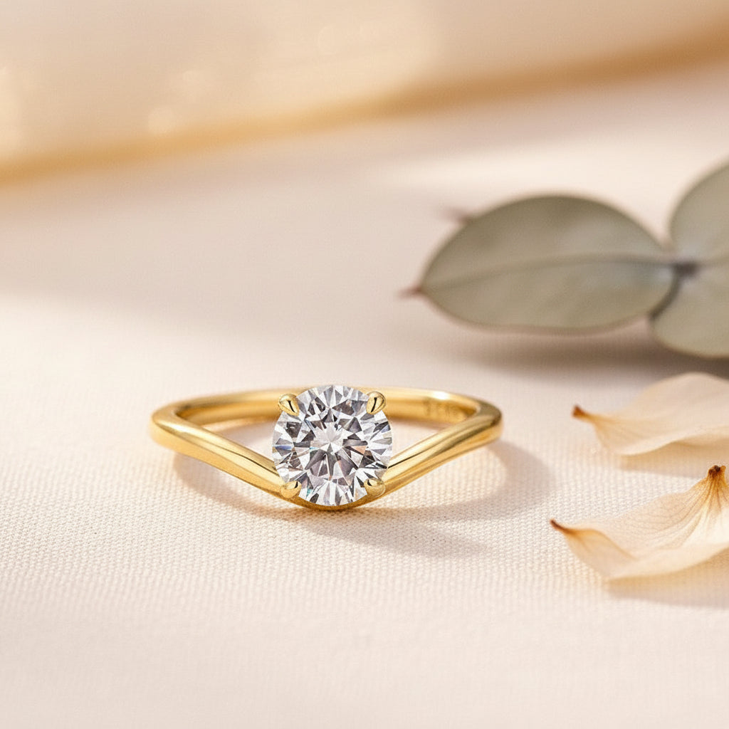 Aurevyn Moissanite 1.0Ct Round Cut Yellow Gold Curved Band Promise Ring