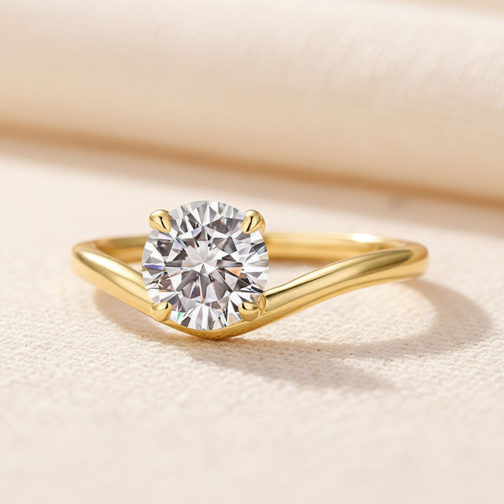 Aurevyn Moissanite 1.0Ct Round Cut Yellow Gold Curved Band Promise Ring