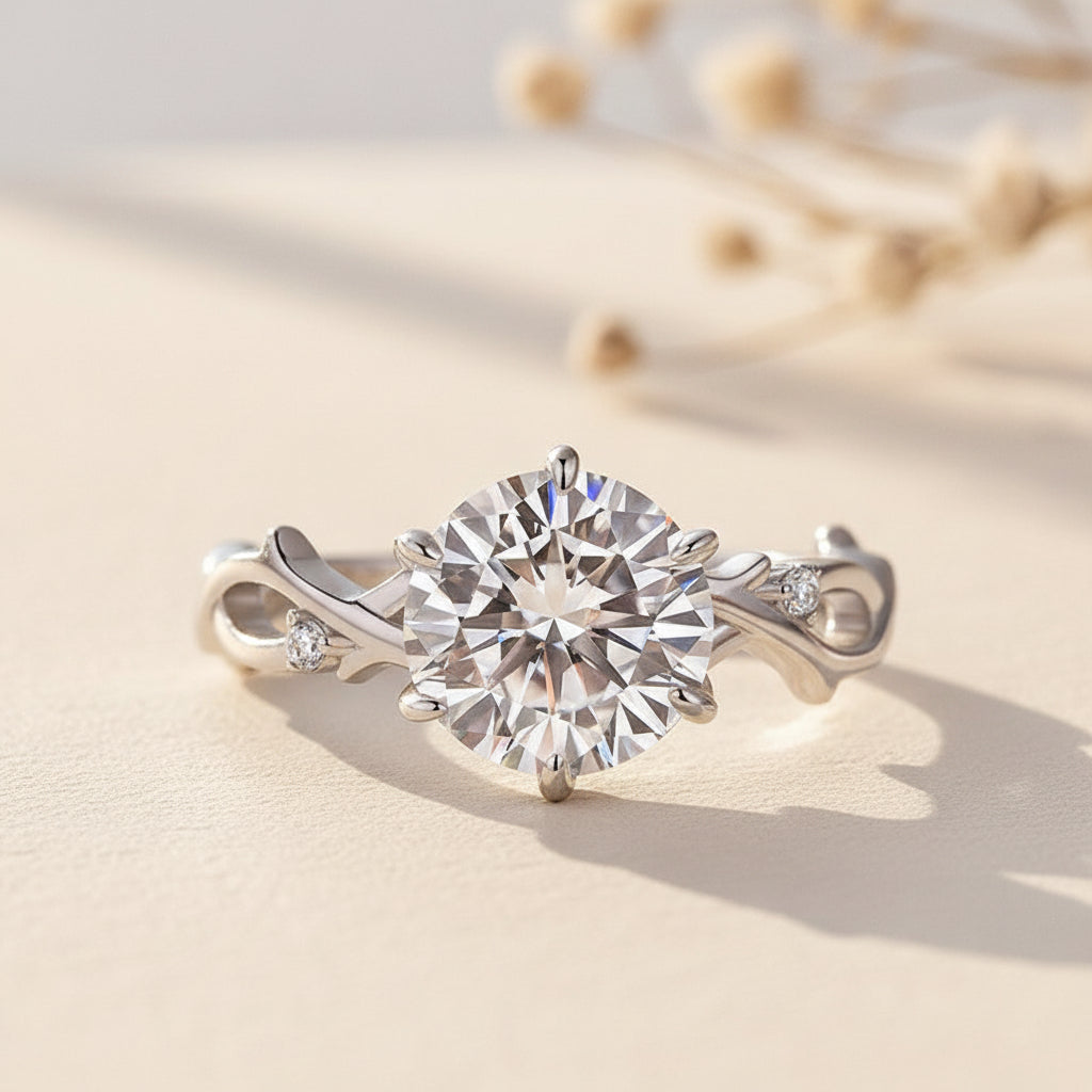 Aurevyn Moissanite 2.0 Ct Twig 6 Prong Round Cut Twist White Gold Engagement Ring