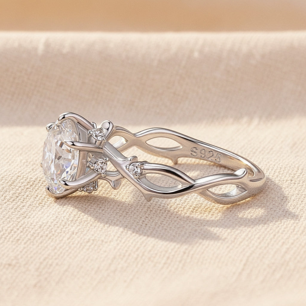 Aurevyn Moissanite 2.0 Ct Twig 6 Prong Round Cut Twist White Gold Engagement Ring