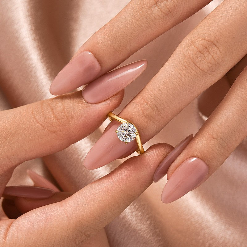 Aurevyn Moissanite 1.0Ct Round Cut Yellow Gold Curved Band Promise Ring