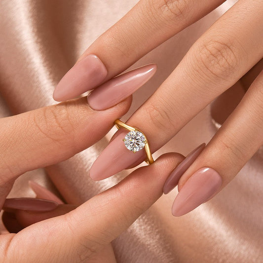 Aurevyn Moissanite 1.0Ct Round Cut Yellow Gold Curved Band Promise Ring