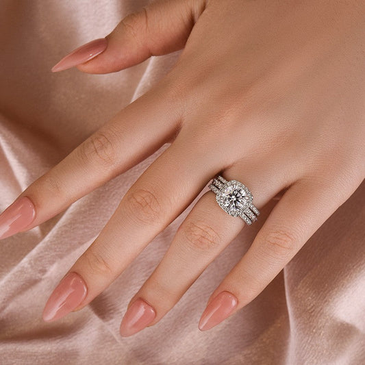Aurevyn Moissanite 2.0 Ct Halo Round Cut White Gold Promise Ring with Full Eternity Thin Wedding Band