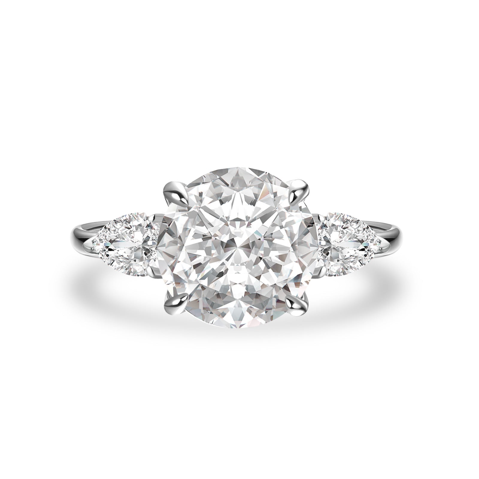 Aurevyn Moissanite 4.0 Ct Round Cut White Gold Engagement Ring with Pear Cut Side Stone