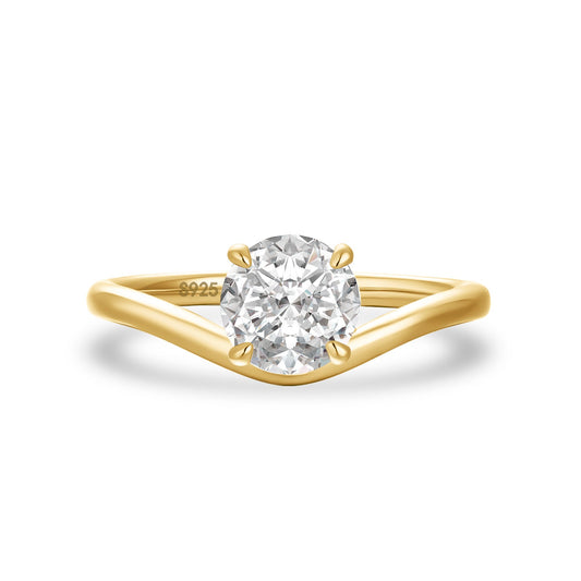 Aurevyn Moissanite 1.0Ct Round Cut Yellow Gold Curved Band Promise Ring