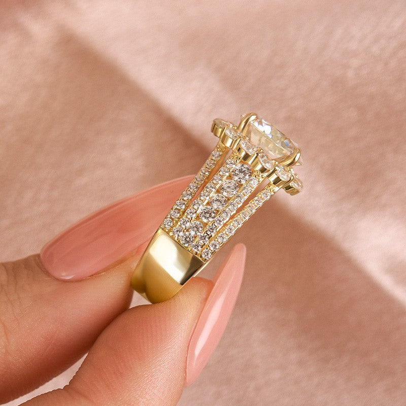 Aurevyn Halo Split Shank 4.0Ct Round Cut Yellow Gold Moissanite Engagement Ring