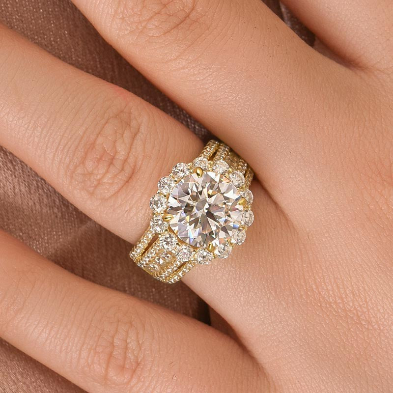 Aurevyn Halo Split Shank 4.0Ct Round Cut Yellow Gold Moissanite Engagement Ring