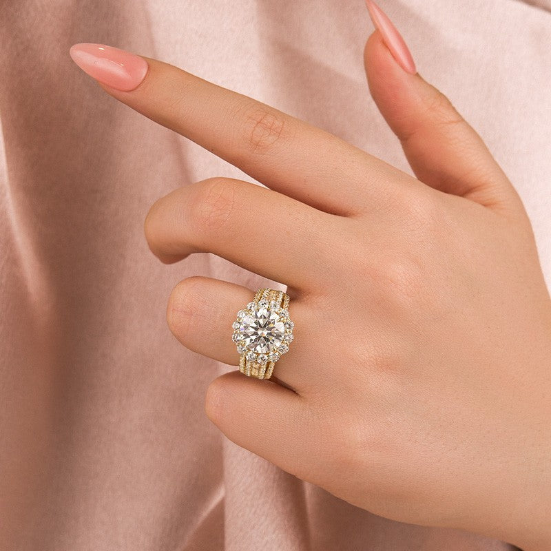 Aurevyn Halo Split Shank 4.0Ct Round Cut Yellow Gold Moissanite Engagement Ring