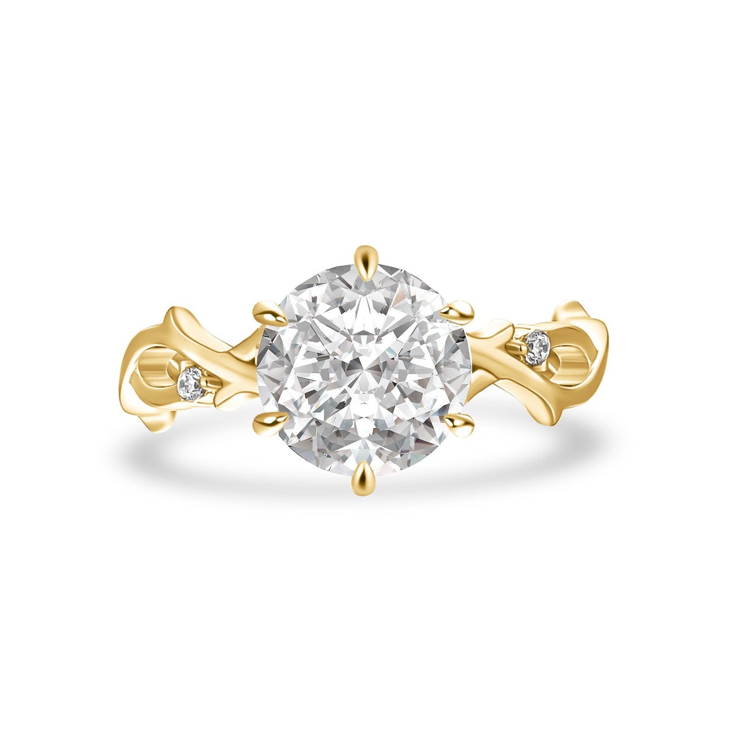 Aurevyn Moissanite 2.0 Ct Twig 6 Prong Round Cut Twist Yellow Gold Engagement Ring