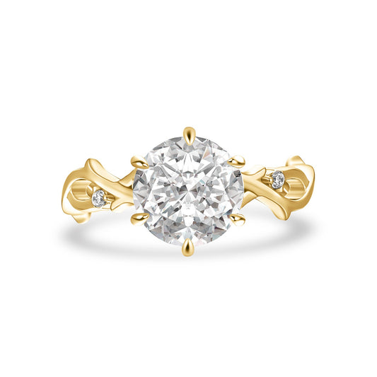 Aurevyn Moissanite 2.0 Ct Twig 6 Prong Round Cut Twist Yellow Gold Engagement Ring