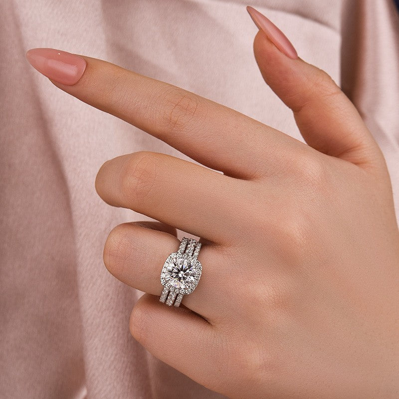 Aurevyn Moissanite 2.0 Ct Halo Round Cut White Gold Promise Ring with Full Eternity Thin Wedding Band