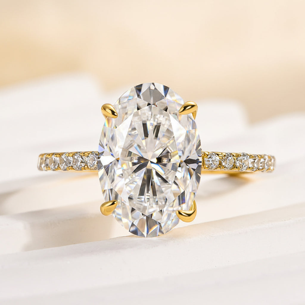 Aurevyn Moissanite 2.0 Ct ~5.5 Ct Oval Cut Pavé Yellow Gold Engagement Ring For Women