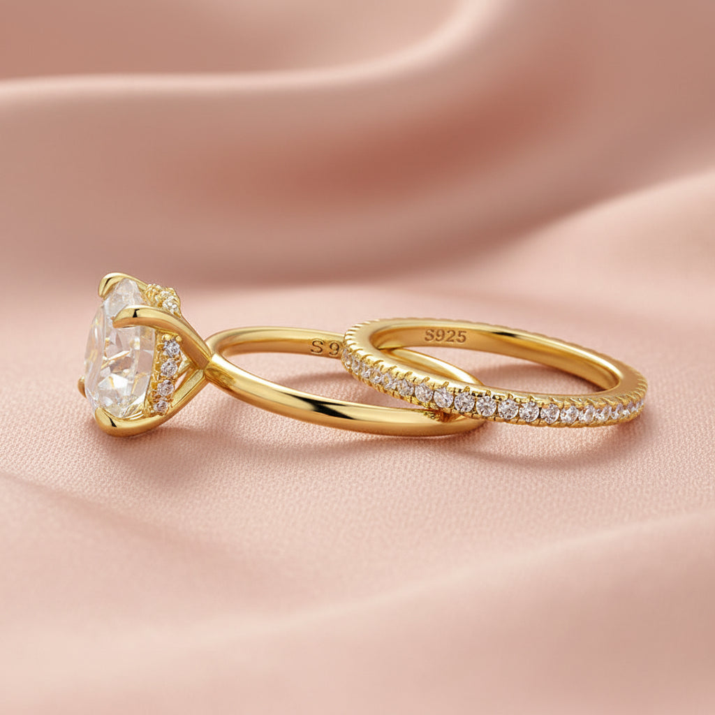 Aurevyn Moissanite 4.0Ct Solitaire Round Cut Yellow Gold Engagement Ring with Eternity Thin Wedding Band