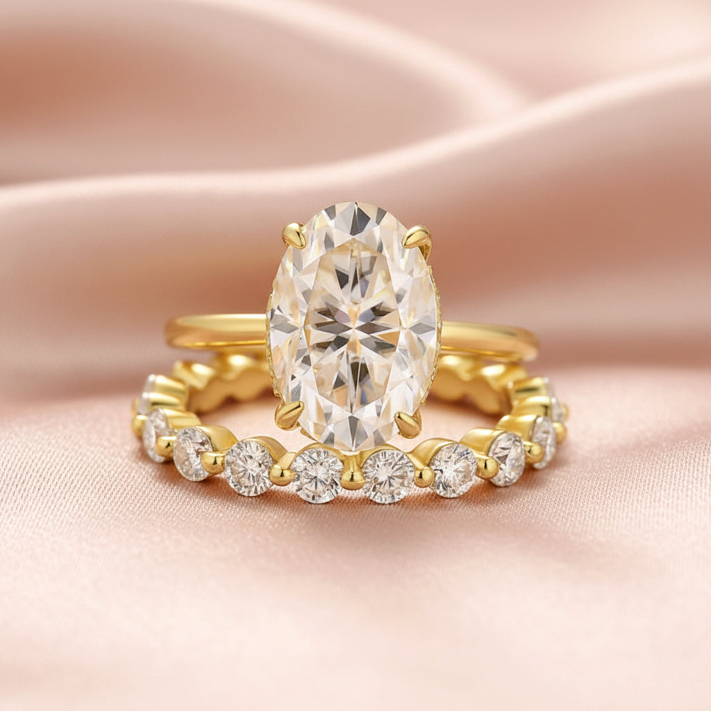 Aurevyn Moissanite 4.0Ct Hidden Halo Oval Cut Yellow Gold Engagement Ring with 1.5Ct Round Cut Wedding Band