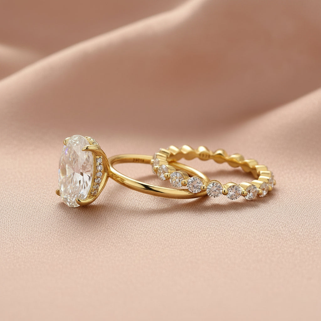 Aurevyn Moissanite 4.0Ct Hidden Halo Oval Cut Yellow Gold Engagement Ring with 1.5Ct Round Cut Wedding Band