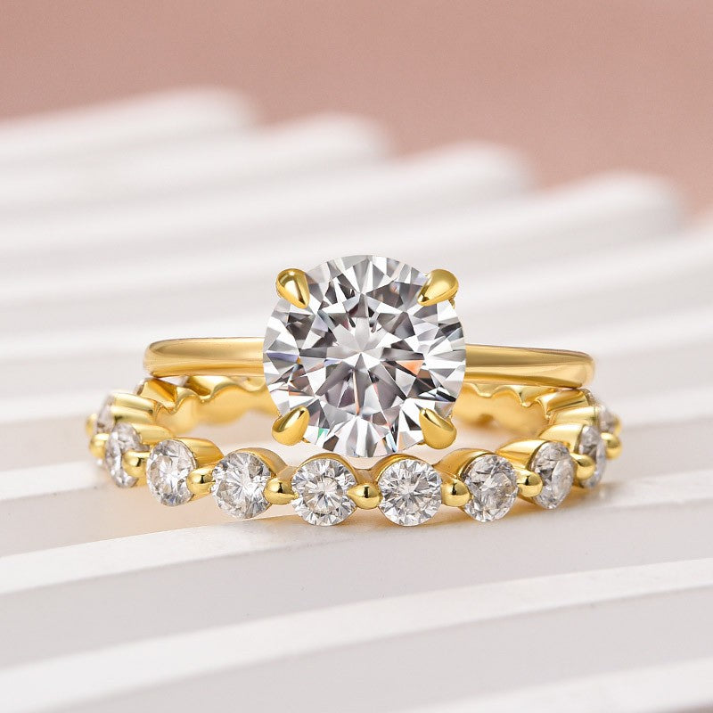 Aurevyn Moissanite 2.0 Ct Solitaire Round Cut Yellow Gold Wedding Ring Set Eternity Moissanite Diamond Ring