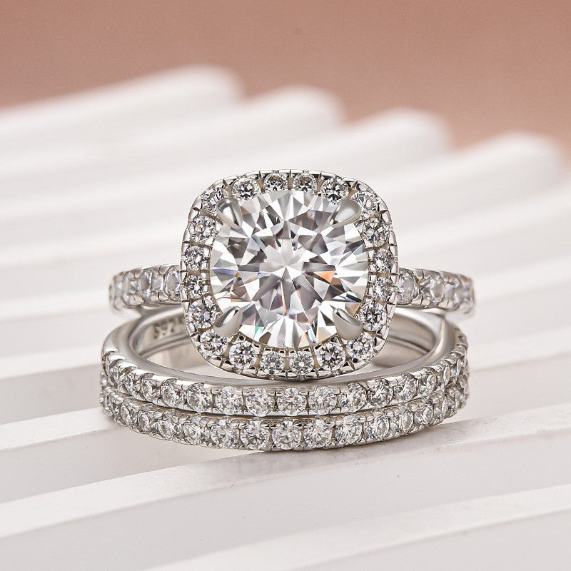 Aurevyn Moissanite 2.0 Ct Halo Round Cut White Gold Promise Ring with Full Eternity Thin Wedding Band