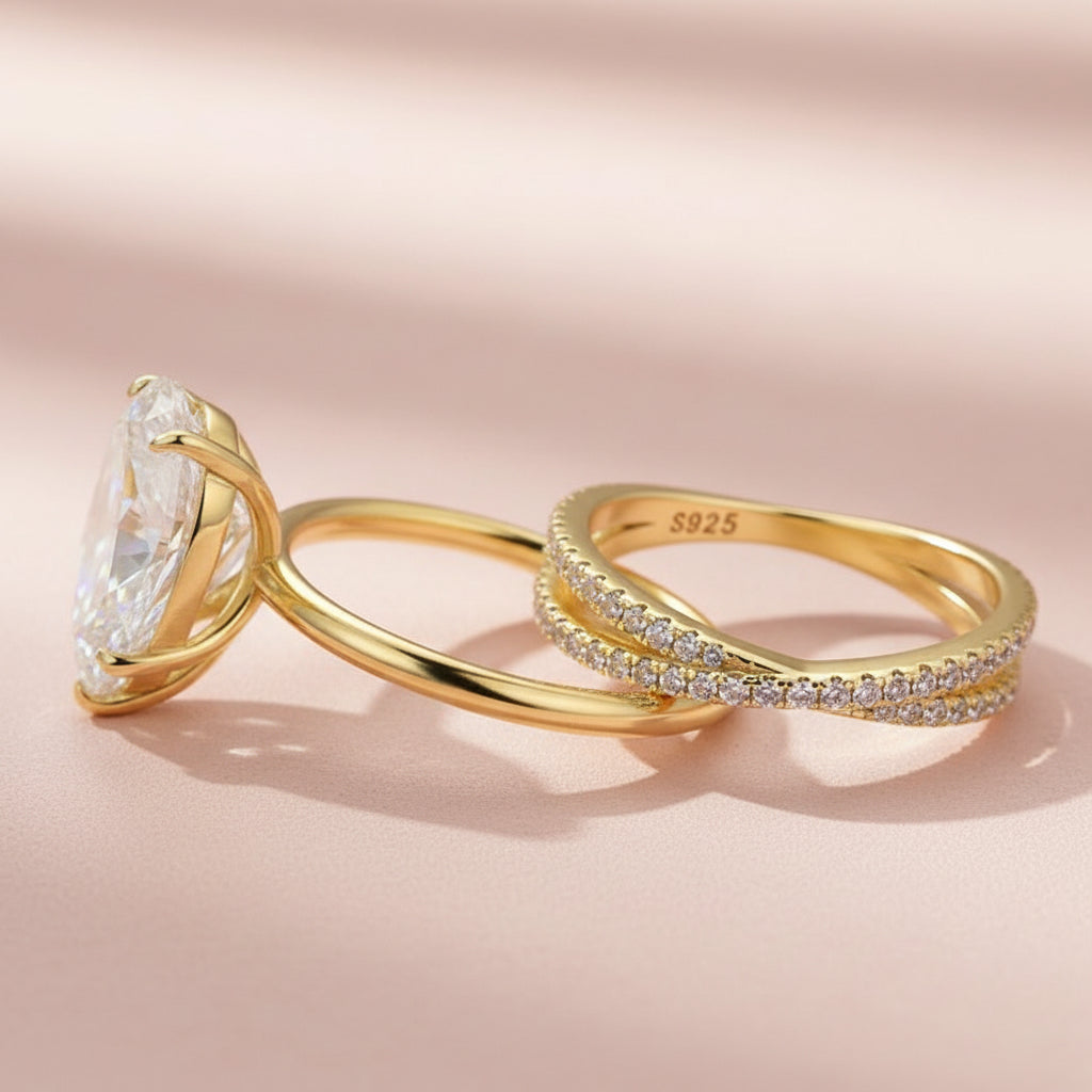 Aurevyn Moissanite 4.0 Ct Pear Cut Yellow Gold Wedding Ring With X Criss Cross Wedding Band