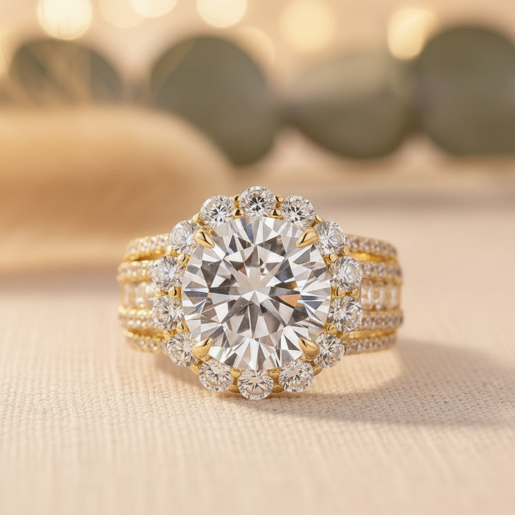 Aurevyn Halo Split Shank 4.0Ct Round Cut Yellow Gold Moissanite Engagement Ring