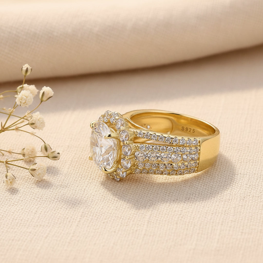 Aurevyn Halo Split Shank 4.0Ct Round Cut Yellow Gold Moissanite Engagement Ring