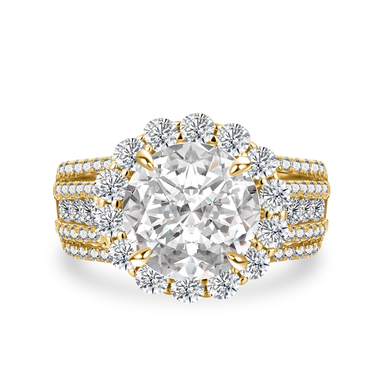 Aurevyn Halo Split Shank 4.0Ct Round Cut Yellow Gold Moissanite Engagement Ring
