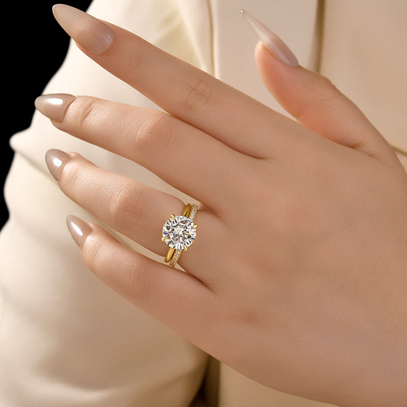 Aurevyn Moissanite 4.0Ct Solitaire Round Cut Yellow Gold Engagement Ring with Eternity Thin Wedding Band