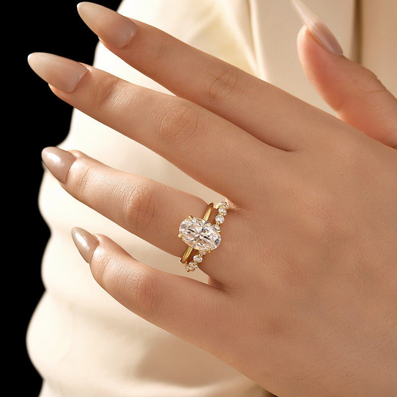Aurevyn Moissanite 4.0Ct Hidden Halo Oval Cut Yellow Gold Engagement Ring with 1.5Ct Round Cut Wedding Band