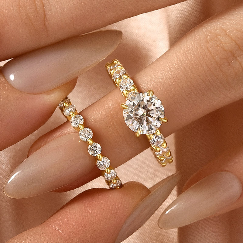 Aurevyn Moissanite 2.0Ct Side Stone Round Cut Yellow Gold Engagement Ring with 1.5Ct Round Cut Wedding Band