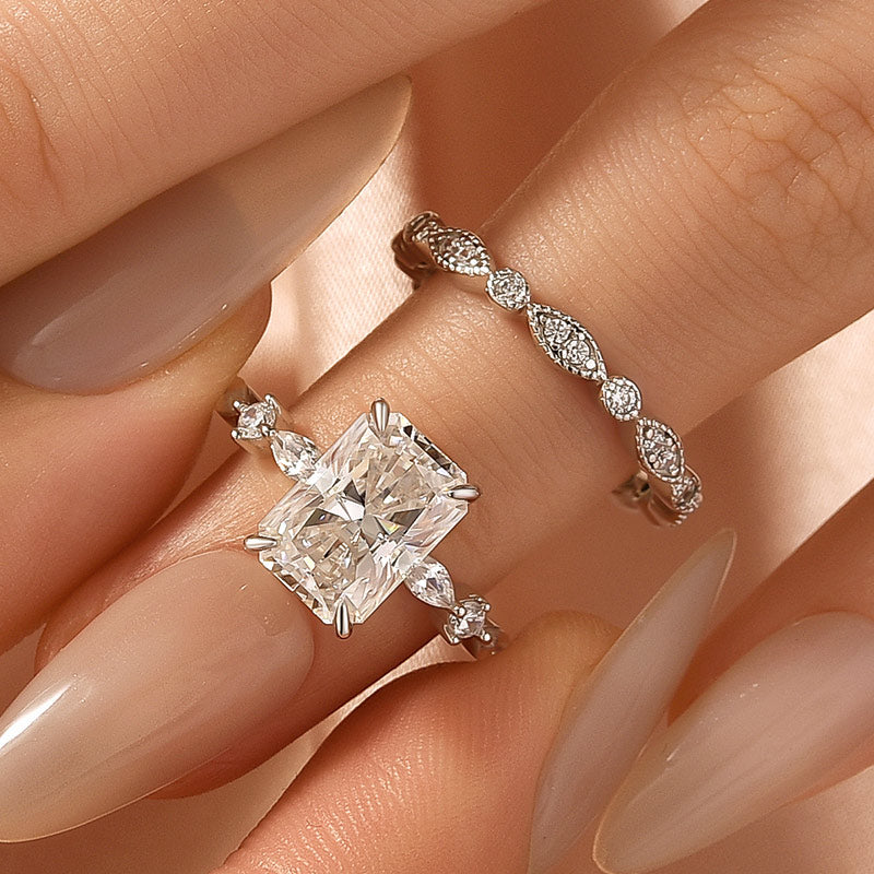 Aurevyn Moissanite 3.5Ct Side Stone Radiant Cut White Gold Wedding Ring Set