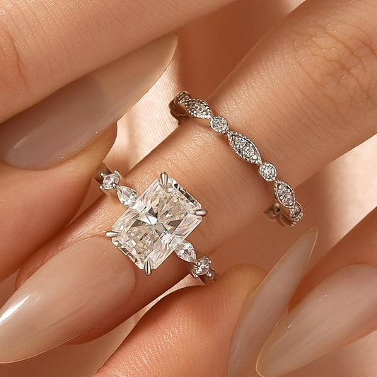 Aurevyn Moissanite 3.5Ct Side Stone Radiant Cut White Gold Wedding Ring Set